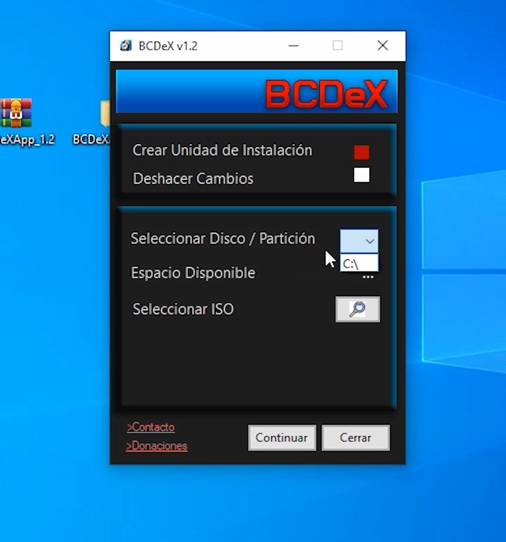 Interfaz principal de BCDeX para seleccionar disco