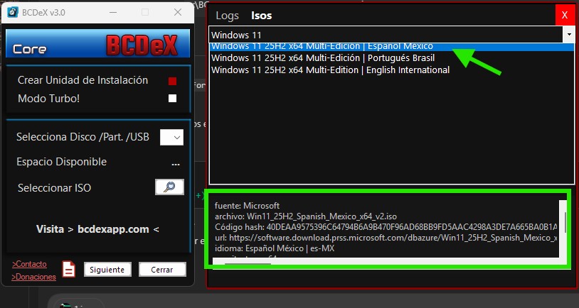Selección de una ISO y visualización de detalles en BCDeX