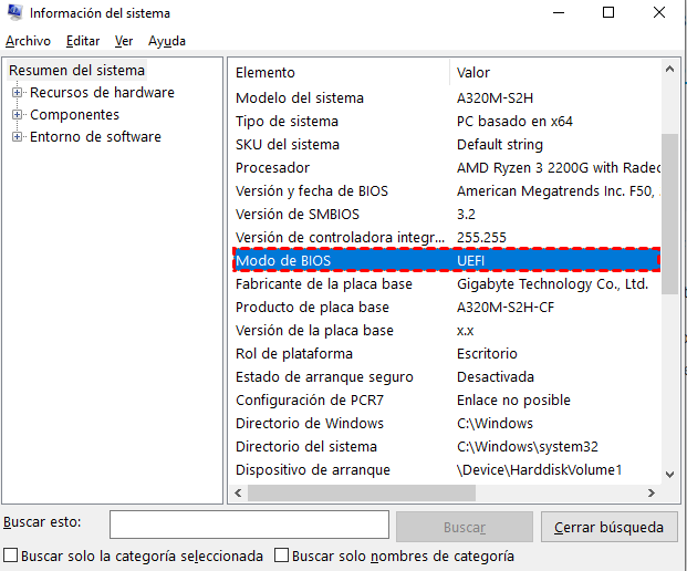 Información del sistema BIOS/UEFI en Windows